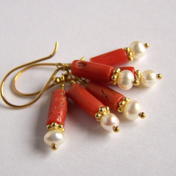 Genuine ITALIAN CORAL & PEARL Earrings 22k Gold Vermeil Colorful Cluster - Picture 5 of 8